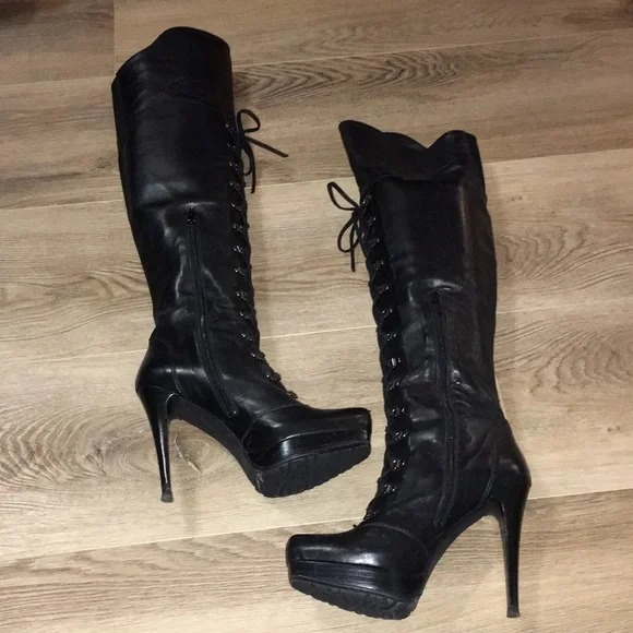 - STUART WEITZMAN BLK OVER THE KNEE SOFT REAL LEATHER LACED TIE UP PLATFOR…